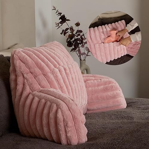 OHS Reading Pillow Faux Fur Ribbed, Heatable Pocket Cuddle Cushion for Bed Super Soft Cosy Pillow with Arms Support Pillows for Sitting up in Bed, Blush Pink - Blush - 65 x 40cm
