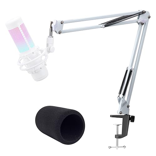 QuadCast Boom Arm White - Professional Studio Mic Arm with Microphone Cover Foam Pop Filter, Compatible with HyperX QuadCast S Microphone by YOUSHARES - White Arm