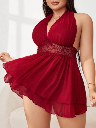 Plus Size Lace & Mesh Splice Underwire-Free Lingerie Dress + Thong Set, 2pcs