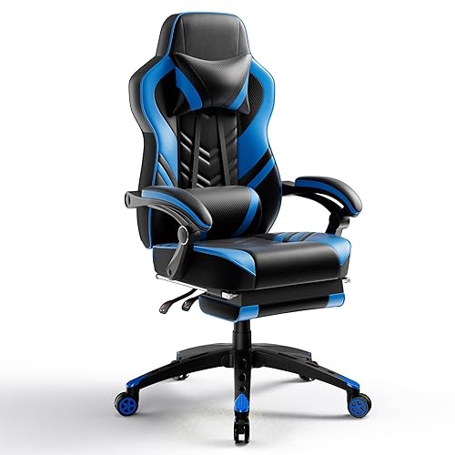 POWERSTONE Gaming Chair Video Game Chair with Footrest and Lumbar Support Racing Style PU Leather Computer Chair Ergonomic Adjustable Swivel Task Chair Blue - Blue