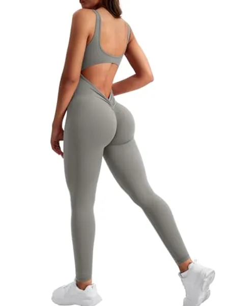 YEOREO Sleeveless Jumpsuits for Women Sexy Backless Gym Bodycon Lizvette V Back Scrunch Butt Rompers