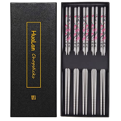 HuaLan Stainless Steel Chopsticks, Metal Alloy Chopstick, Reusable Non-slip Design Chop Sticks, 5 Pairs Gift Set,Plum Pattern Design - Wintersweet