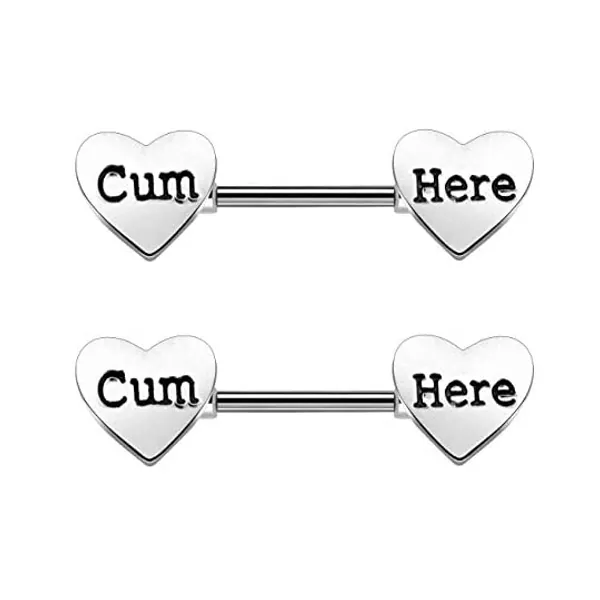 
                            OUFER 2PCS 14G Stainless Steel Nipplerings Barbell Heart with Carved Cum Here Nipple Rings Piercing for Women Men in Body Piercing Jewelry
                        