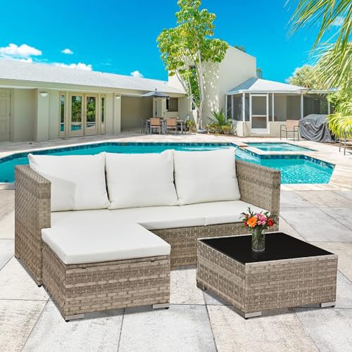 Aweather 3 Pcs Rattan Garden Furniture Sets Outdoor Corner Sofa, All-Weather Handwoven PE Sofa Set, Small Patio Conversation Set with Washable Cushions and Coffee Table, Four Seats - Beige