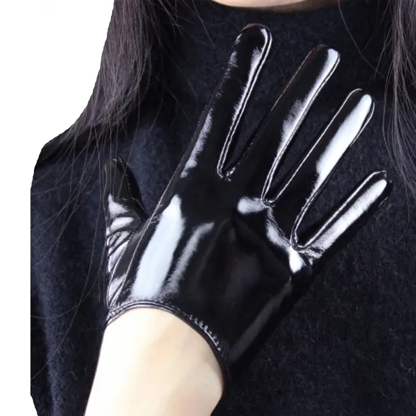 DooWay Luvas femininas de látex longas brilhantes de couro sintético, roupas culb, cosplay, fantasia, ópera, noite, luvas de dedo - Preto brilhante