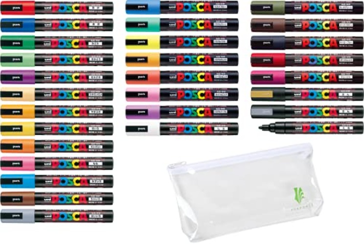 Uni POSCA Paint Marker Pen - Medium Point - Non Alcohol - Odorless Water Resistant Maker - Set of 29 (PC-5M15C & PC-5M7C & 5 Dark Colors & Gold & Silver) with Original Vinyl case - 29 Colors - 1 Count (Pack of 29)