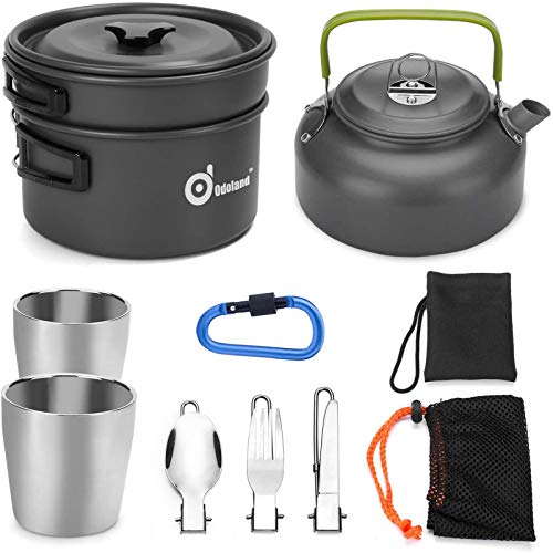 Odoland 10pcs Camping Cookware Mess Kit Folding Cookset, Includes Lightweight Pot Pan Kettle with 2 Cups, Fork Knife Spoon Kit for Outdoor Camping Hiking and Picnic