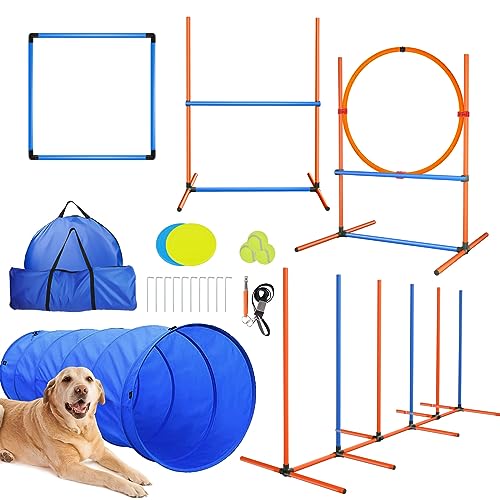 Dog Agility Training Equipment Set, Pet Obstacle Course Training Kit for Indoor&Outdoor, Dog Agility Equipment with Dog Tunnel, Weave Poles, Adjustable Hurdles, Jump Ring, Pause Box, Dog Toys - 7 PC Set