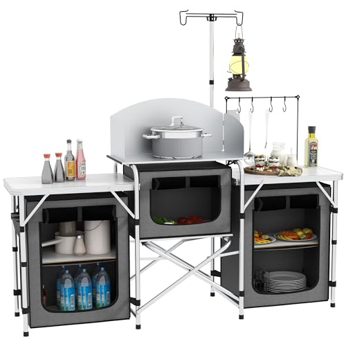 Outsunny Folding Camping Kitchen Table with Storage, Aluminum Portable Camping Table with 3 Fabric Cupboards, Windshield, Light Stand, Carrying Bag for BBQ, RV, Picnic, Grey