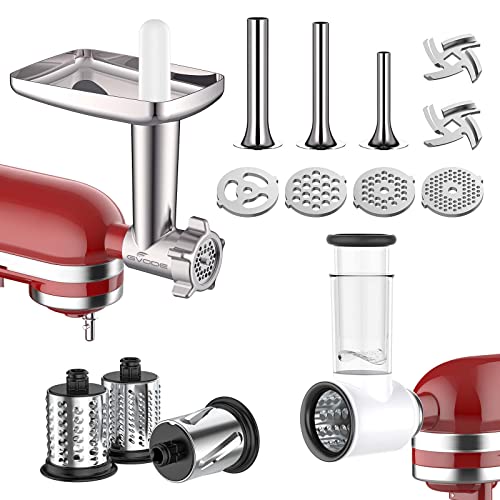 Gvode Meat Grinder&Slicer Shredder Attachment for KitchenAid Stand Mixer, for KitchenAid Mixer Accessories Includes Metal Meat Grinder with Sausage Stuffer Tubesand and Slicer Shredder Set