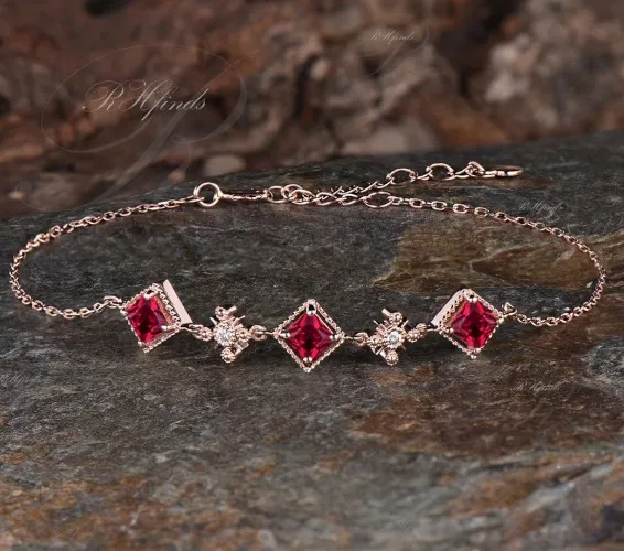 14k Gold Vintage Princess Cut Natural Ruby Bracelet