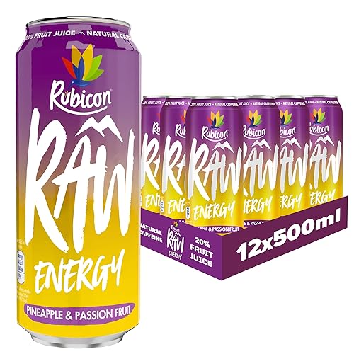 Rubicon RAW 12 Pack Pineapple & Passion 500ml Energy Drink, 20% Real Fruit Juice, High caffeine with B-Vitamins, Ginseng & Guarana, No Artificial Colours or Flavours, Reduce Tiredness & Boost Energy - Pineapple & Passion - 500ml - 12 Cans