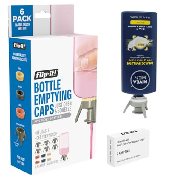 Flip-It! Universal Bottle Emptying Kit - Flip Bottle Upside Down to Get Every Drop Out! Extra adapters included to fit Nivea, Eucerin, and Aquaphor bottles. (6 Stands, Pastel Color Edition)