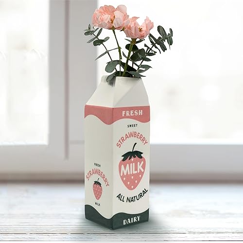 Bien Beau Milk Carton Vase – Ceramic – Vintage Inspired Kawai Style Strawberry Kitchen Decor – Hand Painted by –