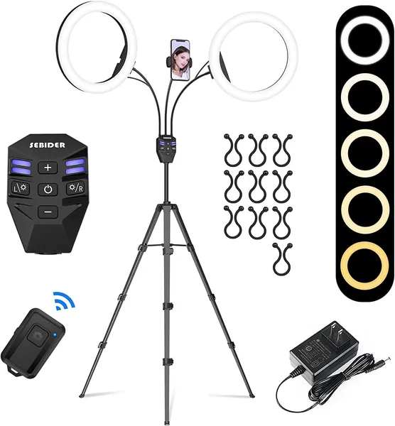 Tateby by SEBIDER LED Ring Light with Tripod Stand & Phone Holder,Dual LED Ring Lights Dimmable with 5 Light Modes (2700-6500K) &12 Brightness for Makeup/Photography/TikTok/YouTube (10 inch)