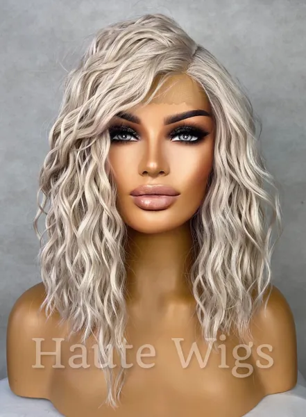 Striking Platinum Ash Blonde 14" Bob Wig White Silver Tones Wavy Human Hair Deep Side Parting HD Lace Front Womens Wig Eye Catching Short