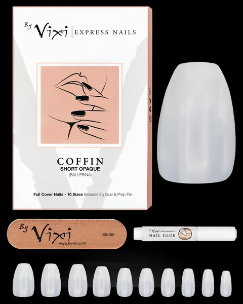 500-pieces SHORT COFFIN/BALLERINA NAIL SET with FREE GLUE & PREP FILE, 10 Sizes – Opaque Express Full Cover False Fingernail Extensions for Salon Professionals & Home Use - By Vixi