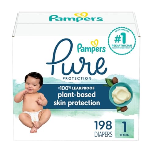 Pampers Pure Protection Diapers - Size 1, One Month Supply (198 Count), Hypoallergenic Premium Disposable Baby Diapers - Size 1 - 198