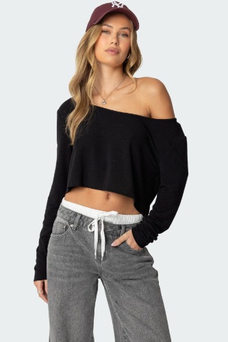 Cropped Off Shoulder Top | BLACK / S