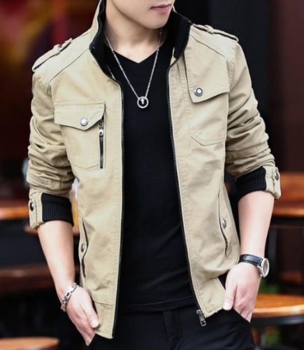 Mens Military Style Casual Jacket with Zipper Design - Beige / L