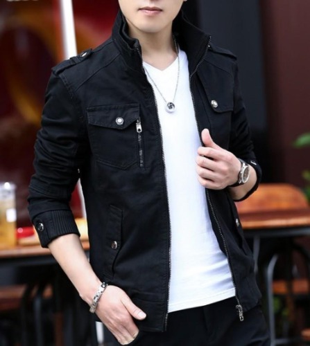 Mens Military Style Casual Jacket with Zipper Design - Black / L