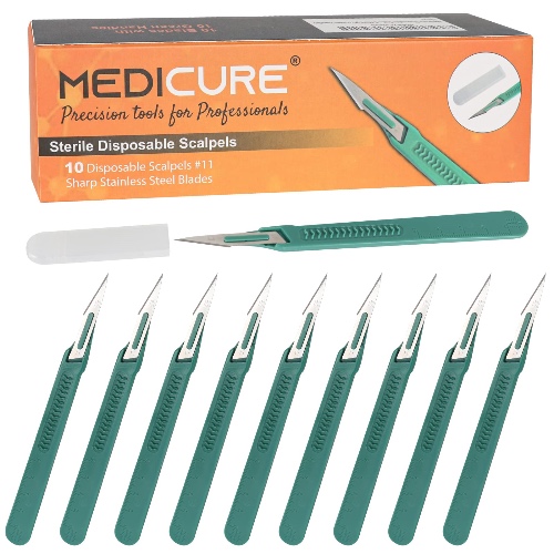 Medicure Disposable Scalpels| #11 Sharp Stainless Steel Blades | Pack of 10 | Sterile Individual Pouches | for Dermaplaining, Podiatry, Crafts & More (#11Green Handle)