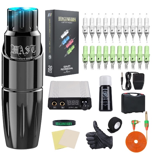 Dragonhawk Complete Rotary Tattoo Pen Machine Kit, Mast Tour Tattoo Permanent Makeup Pen Machine 20Pcs Cartridges Needles Power Supply Color Inks with Carry Case 366H - Classic,Compatible,Simple,Unique