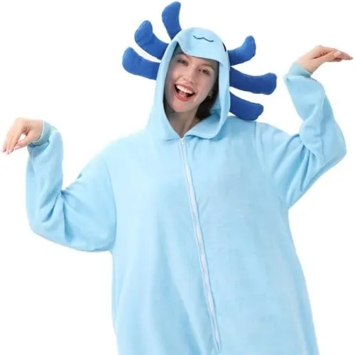 Unisex Axolotl Onesie Pajamas Halloween Cosplay Costume Animal One-Piece Jumpsuit Party Sleepwear Homewear