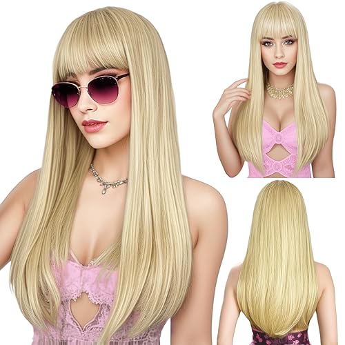 ENTRANCED STYLES Blonde Wig with Bangs, Long Straight Wigs for Women Natural Hair Wigs Synthetic Blond Wigs for Girls Daily Party Halloween Cosplay Wig 22 Inch - Blonde