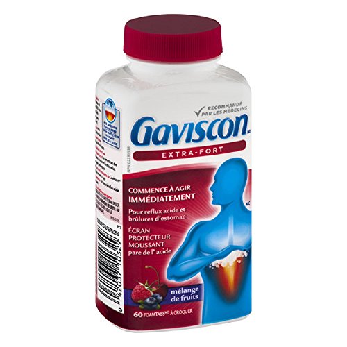 Gaviscon Extra Strength Tablets - 60 Count - Chewable Foaming Antacid Tablets for Day and Night Heartburn Relief, Acid Reflux and GERD Relief, Fruit Blend - Free of Aluminum, Lactose and Gluten - Fruit Blend - 60 Count