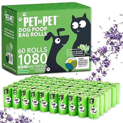 PET N PET Dog Poop Bags1080 Counts, Sac Caca Chien USDA Certified 38% Plant Based, Leak Proof Dog Bags Refill Rolls for Doggy Poo, Cat Litter Waste, Pet Supplies (Lavender Scented) - Lavender