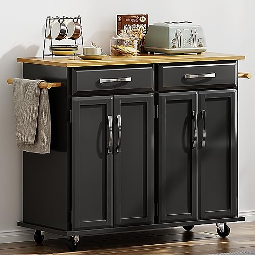 SogesHome Rolling Kitchen Island with Storage 42 inch Kitchen Island Cart on Wheels Mobile Bar Cart with Large Countertop, Towel Holder, 2 Drawers&2-Door Cabinets Rolling Island Table for Kitchen - Black - 42”×19”×37”