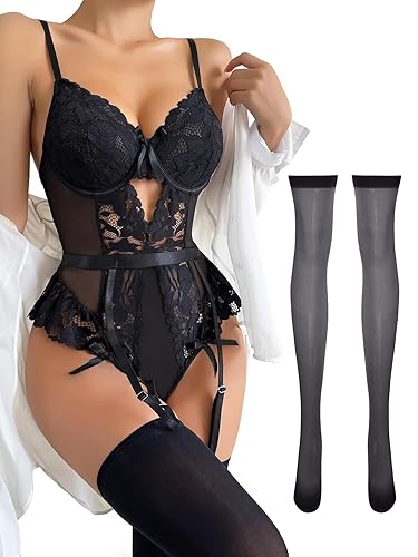 Lilosy Sexy Stocking Lace Mesh Bodysuit Underwire Garter Lingerie Set 3 Piece - X-Large - Black