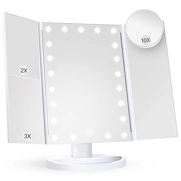 HUONUL Makeup Mirror Vanity Mirror with Lights, 2X, 3X, 10X Magnification, Touch Control, Trifold, White, 9.4"L x 13.4"W, Modern Style, Dresser Mount, Bathroom - White