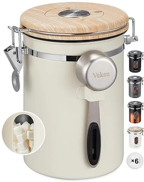Veken Coffee Canister with Window, Sugar Jar Container with Lid, Scoop and Date Tracker, Air Tight Stainless Steel, Grounds Coffee Beans, Tea, Flour, Cereal, Home Kitchen Food Storage, 22OZ, Cream - Cream - 22 oz