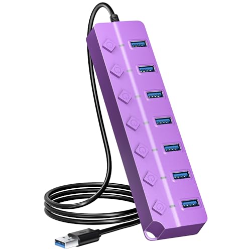 ONFINIO USB Hub 3.0, 7-Port USB Hub Splitter with Individual On/Off Switches and Lights, 3.2ft/1m Long Cable Compatible with MacBook, Laptop, Surface Pro, PS4, PC, Flash Drive, Mobile HDD-Purple - Purple