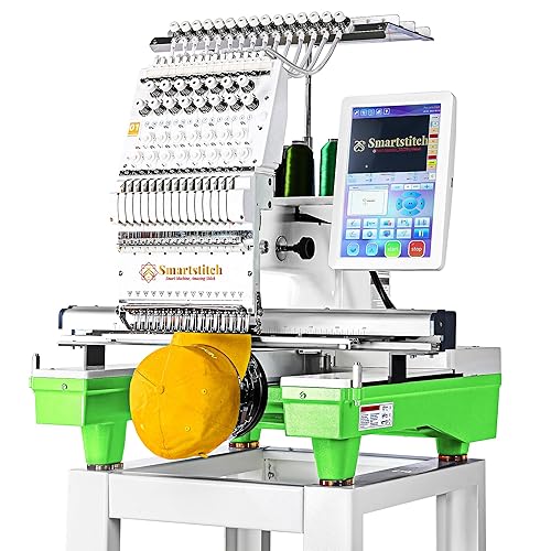 Smartstitch S-1501 Commercial Embroidery Machine with 15 Needles,14"x20" Embroidery Area,1200SPM Max Speed,12" Touch Screen, Wifi available, capable of embroidering on 3D Caps, Flat, T-shirt and more - Green Base
