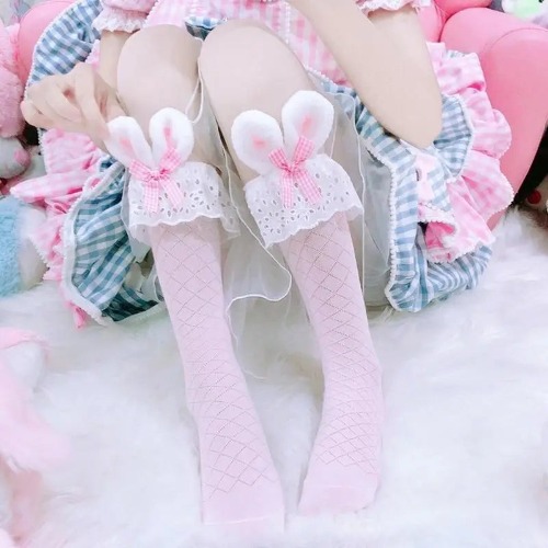 Baby Bun Lace Bunny Ear Lolita Stockings with Ruffled Doily Top - Pink