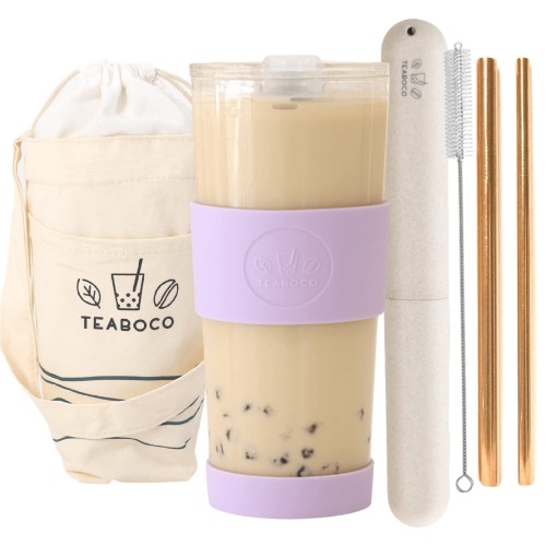 All-in-One Reusable Boba Cup / Smoothie Tumbler - 24oz BPA FREE Bottle with Leak Proof Lid, Silicone Sleeve and Two Metal Straws for Water, Juice, Smoothies, Bubble Milk Tea and Coffee (Lilac Purple)