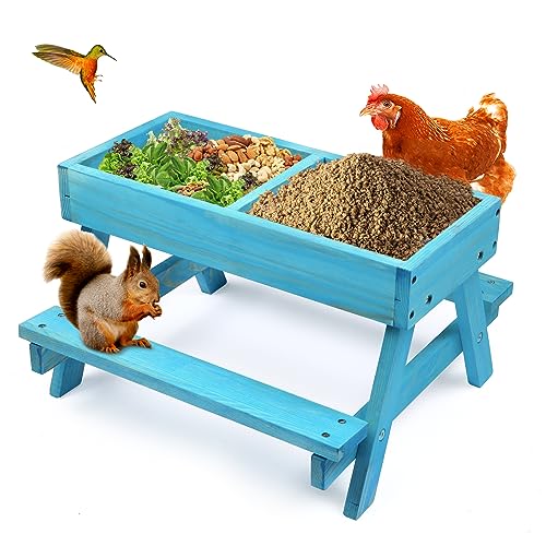 Chicken Picnic Table, Chicken Feeder No Waste Handmade Wooden, Large DIY Chicken Feeder Kit, Wild Bird, Duck & Squirrel Feeders, Mesh Bottom Keep Food Fresh and Dry Easy to Clean and Fill（Blue Paint） - Blue