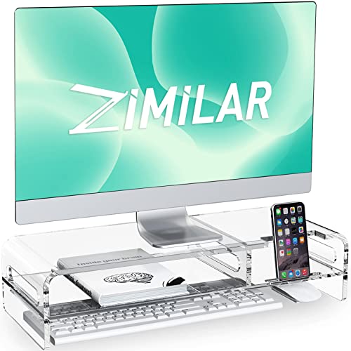 Zimilar 20-inch Large Acrylic Monitor Stand Riser, 2-tier Clear Monitor Riser, Acrylic Laptop Stand for Desk with Keyboard Storage and Built-in Phone Holder