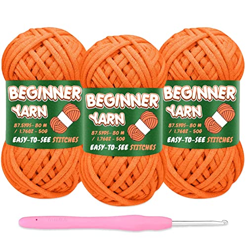 3 Pack Beginners Crochet Yarn, Orange Cotton Yarn for Crocheting Knitting Beginners, Easy-to-See Stitches, Chunky Thick Bulky Cotton Soft Yarn for Crocheting (3x50g) - Tangerine - 3 Pack-Solid