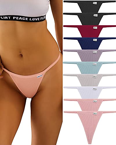 FINETOO 9 Pack Cotton Underwear for Women Sexy Low Rise Ribbed Hipster Breathable Soft Womens Bikini Panties Cheeky S-XL - 10 pack thongs - Small