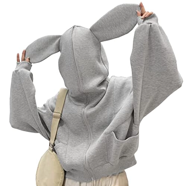 Women's Cute Bunny Ear Zip Up Long Sleeve Grey Rabbit Hoodie Sweatshirts with Pockets