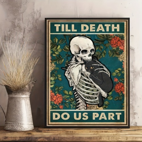 1pc Inspirational Skeleton Skull Holding Black Kitten Cat Flower Wall Art Canvas Poster - Perfect Home Decor For Your Room , Halloween Decoration