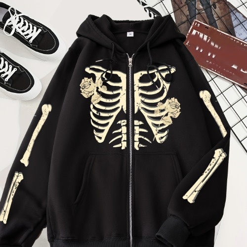 Skeleton Print Zip Up Hoodies, Punk Long Sleeve Drawstring Sweatshirt, Women's Clothing