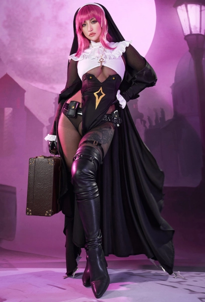 Miccostumes x Mobbunny x Chowbie Vampire Hunter Sexy Lingerie Set Halloween Nun Costume High Slit Dress Set with Headband Necklace