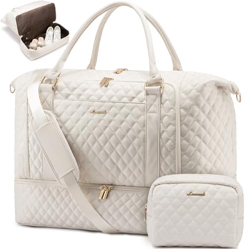 LOVEVOOK Travel Weekender Bags for Women,Carry on Duffle Bag with Shoe Compartment,Overnight Personal Item Bags,Hospital Bag - White - M-2 Set