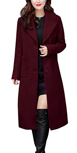 chouyatou Women's Big Notch Lapel Single Breasted Mid-Long Wool Blend Coat - Medium - Wine Red