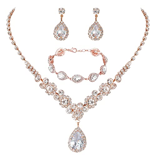 COCIDE Bride Jewelry Set Silver Crystal Wedding Necklace Earrings Bridal Rhinestone Teardrop Pendant Accessories for Women and Bridesmaids (3 piece set - 2 earrings and 1 necklace) - style 165 Rose Gold Set